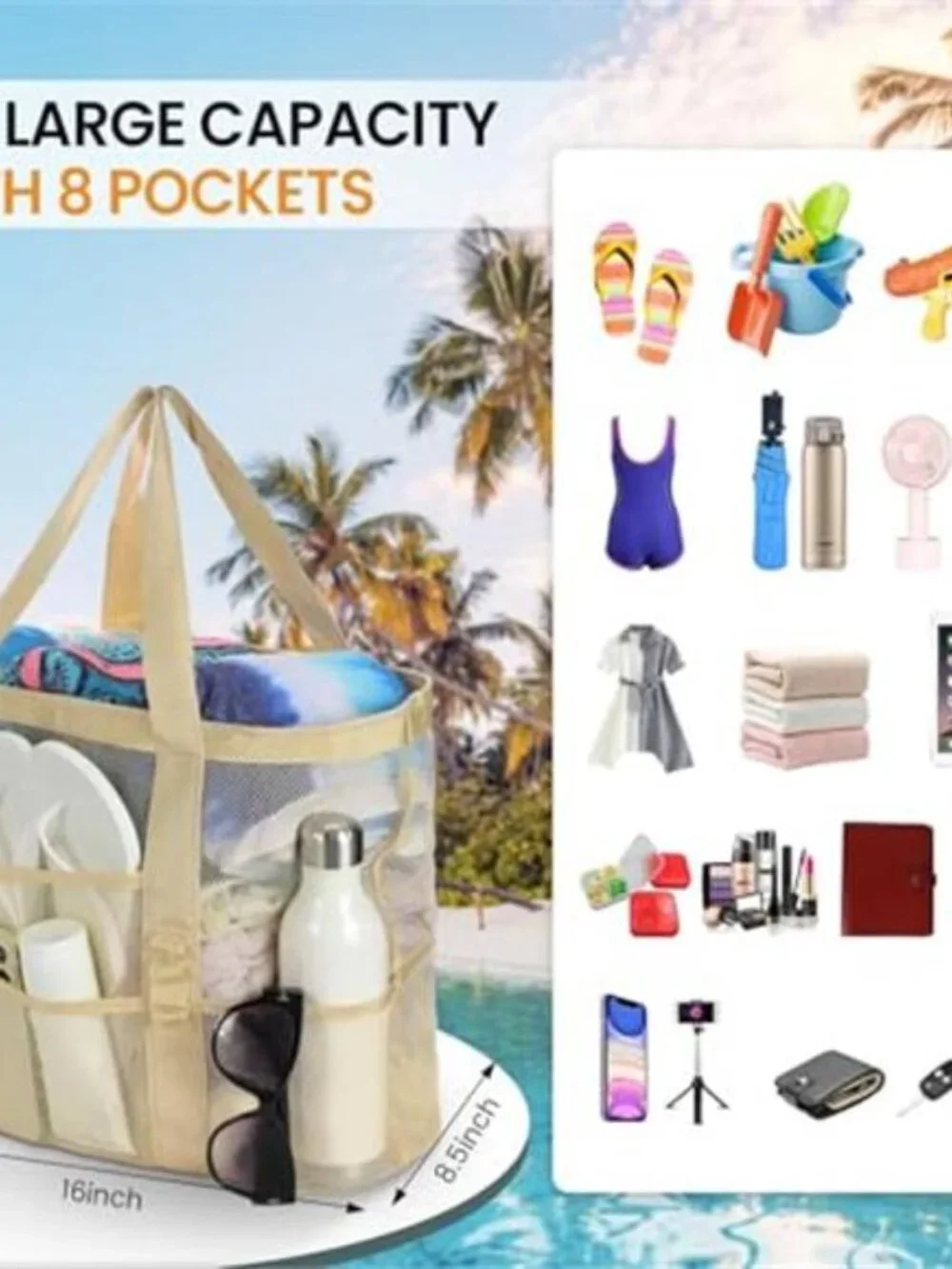Mesh Beach Bag - Large Beach Tote with Multi Functional Pockets